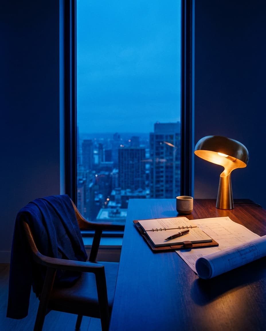 Arbeitsplatz von Sabine Marsollek — Blaupause und Notizen bei Nacht